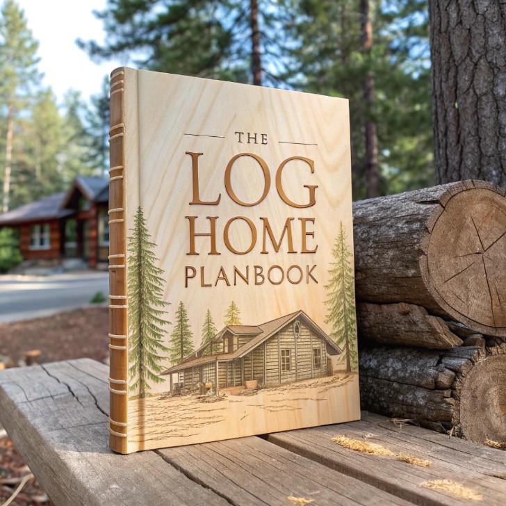 A picturesque log home nestled in a lush forest, with blueprints and a compass on a wooden table in the foreground