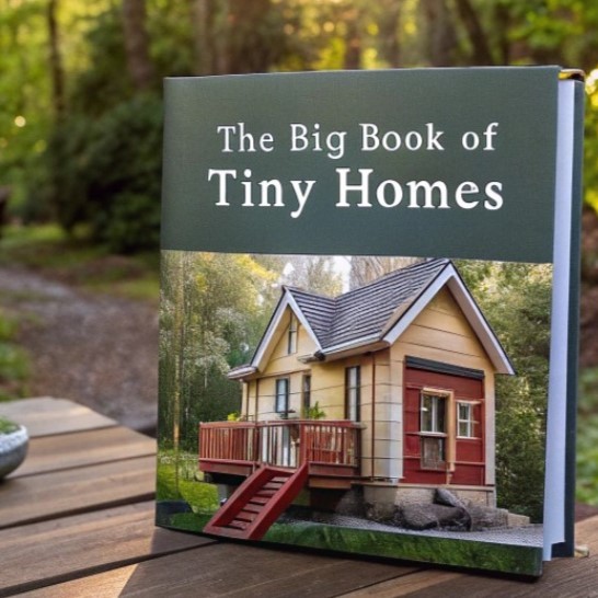 A cozy, well-organized tiny home interior with large windows, multifunctional furniture, and green plants, conveying a sense of spaciousness and tranquility.